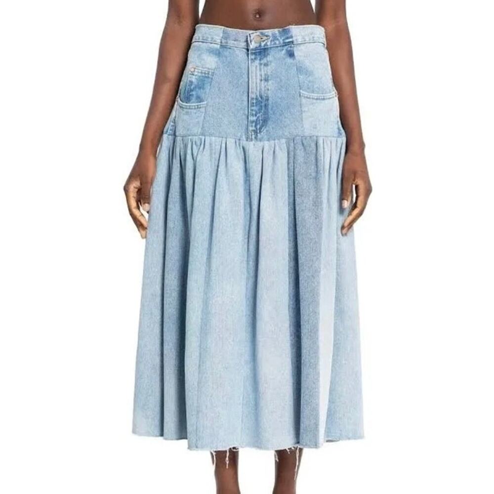 E. L.V. Harvard Denim Midi Skirt Handcrafted US 4 UK8 Luxury Mid-Rise Raw Hem